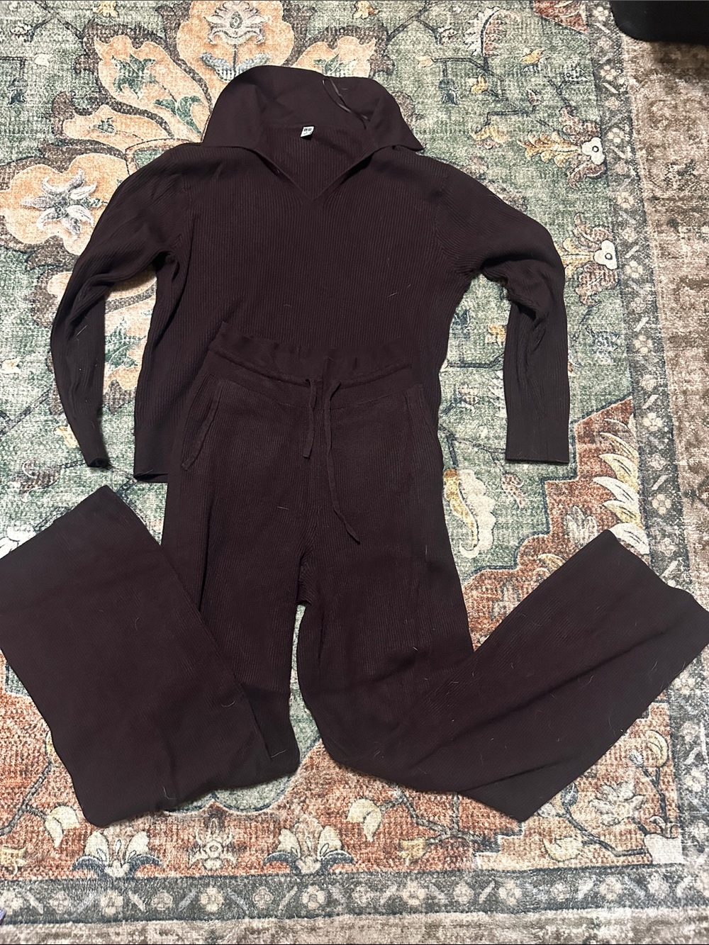 Uniqlo Ribbed Hooded Top and Drawstring Joggers - Dark Brown